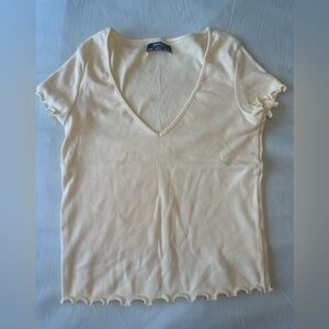Bershka Yellow V-Neck Fitted‎ Cap Sleeve T-Shirt